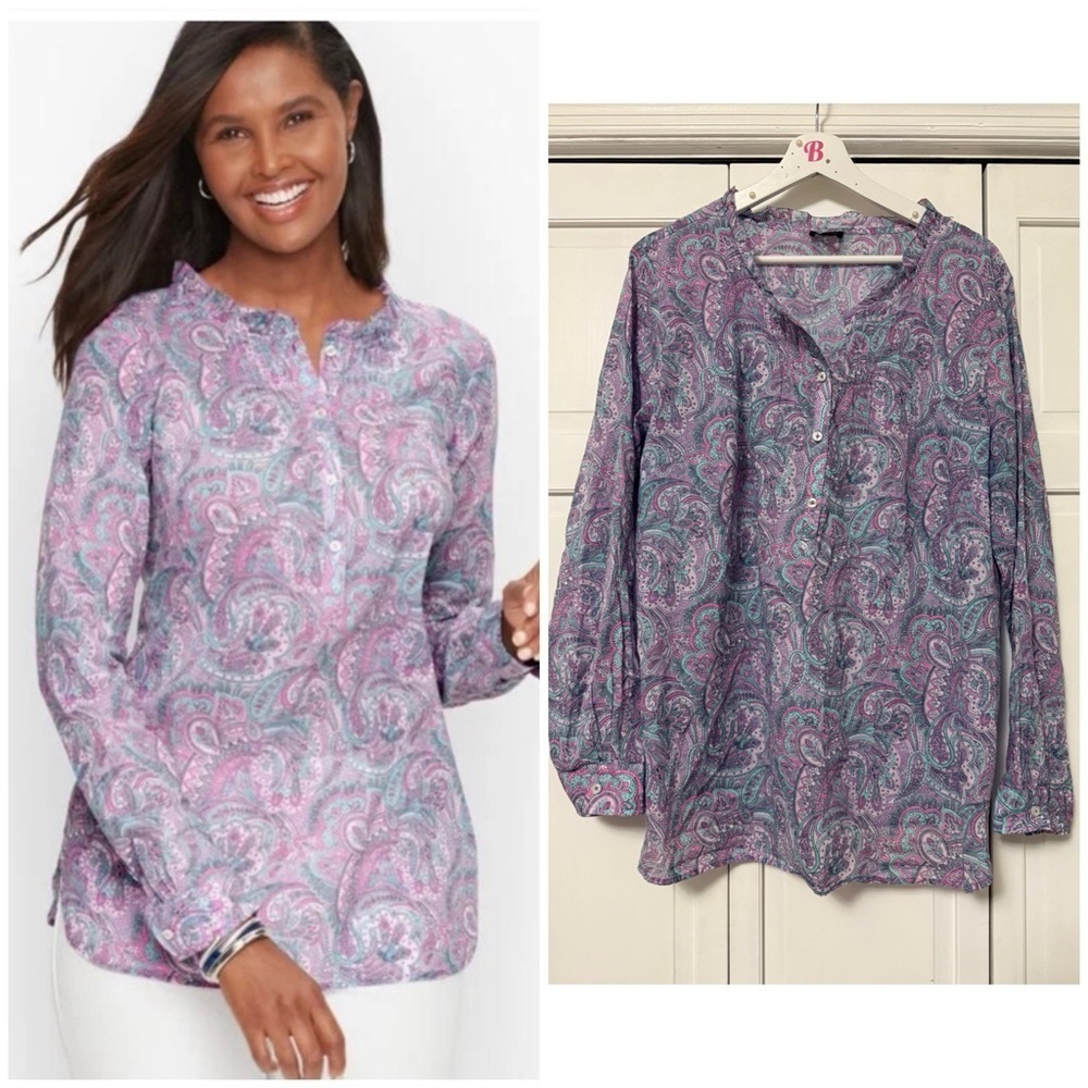 Talbots Pastel Pink and Purple Paisley Blouse 100% Cotton Cottagecore XL Mature